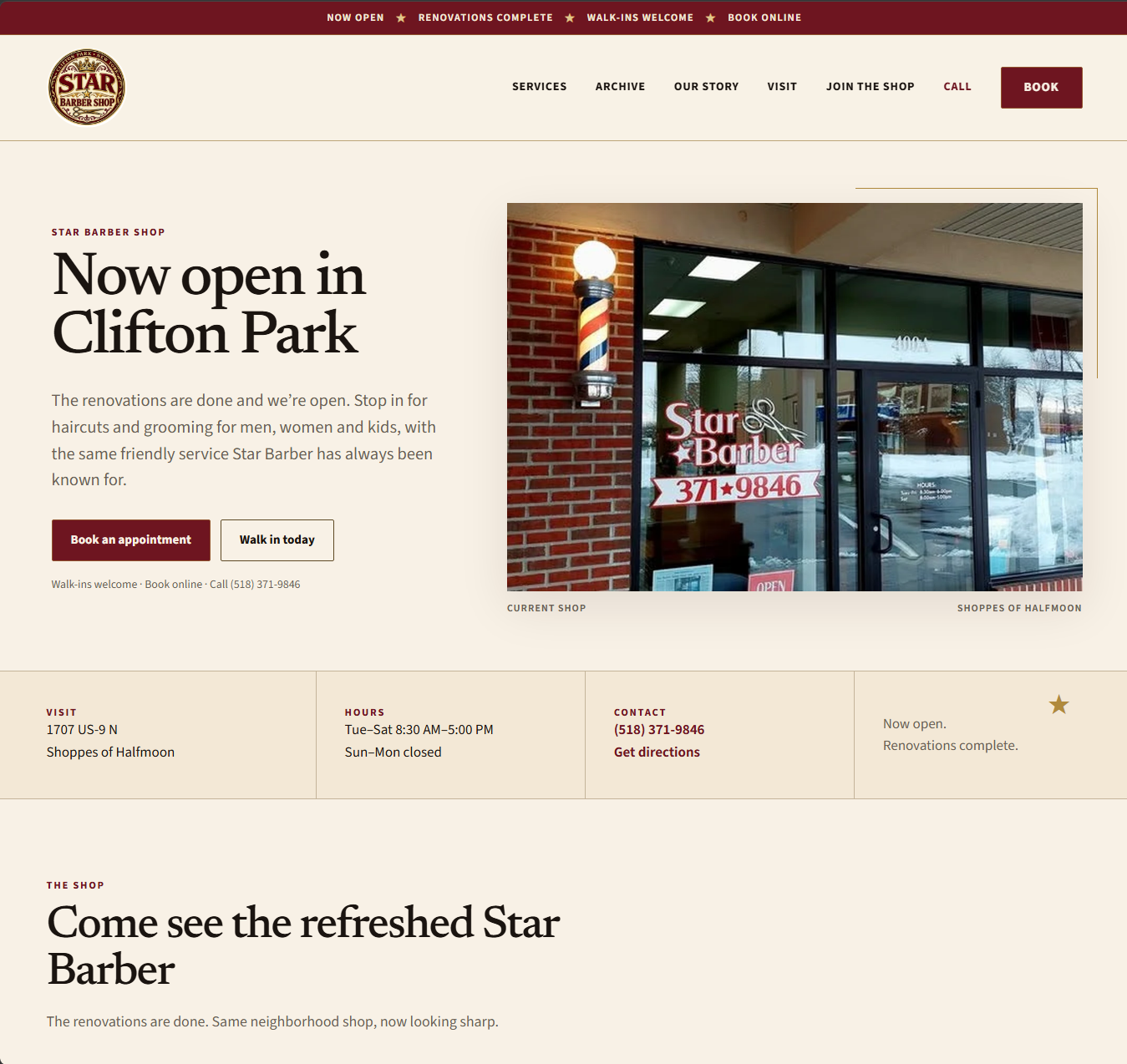 Star Barber Shop website homepage showing the Clifton Park storefront and booking CTAs